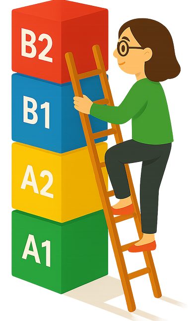 Cartoon woman climbing CEFR level blocks from A1 to B2 in Speakili’s English speaking course with free fluency test